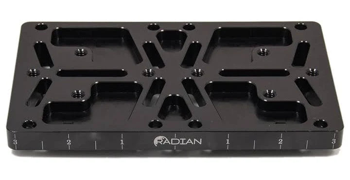 Farpoint 6 inch 57.3 Series universal dovetail plate (Radian Bar) — black anodized light-weighted D-size dovetail bar with engraved inch scale