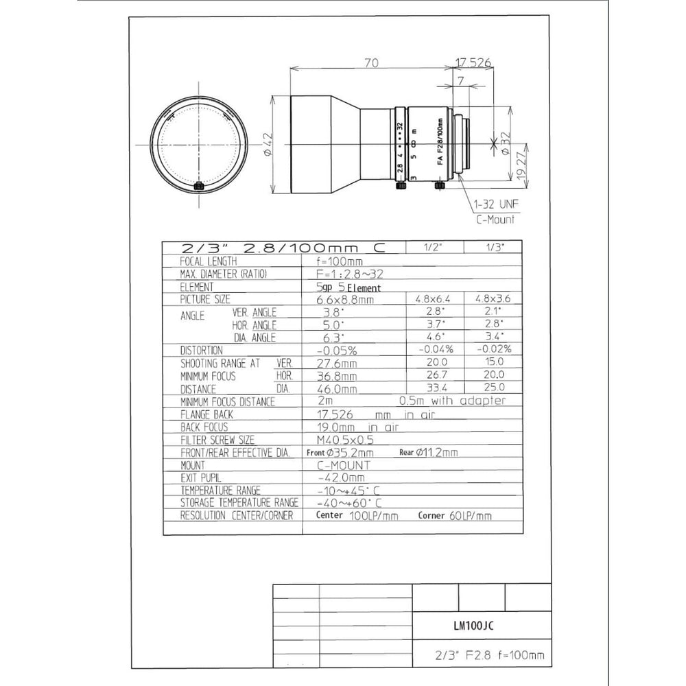 Kowa LM100JC C-mount lens dimensional drawing