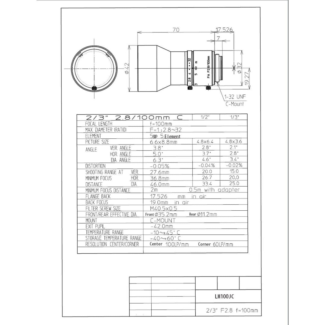 Kowa LM100JC C-mount lens dimensional drawing